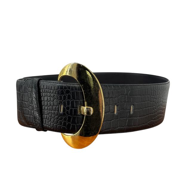 Magid Croco Embossed Wide Belt SZ L Women Black Big Buckle Chic Leather 70s Bold main image 7